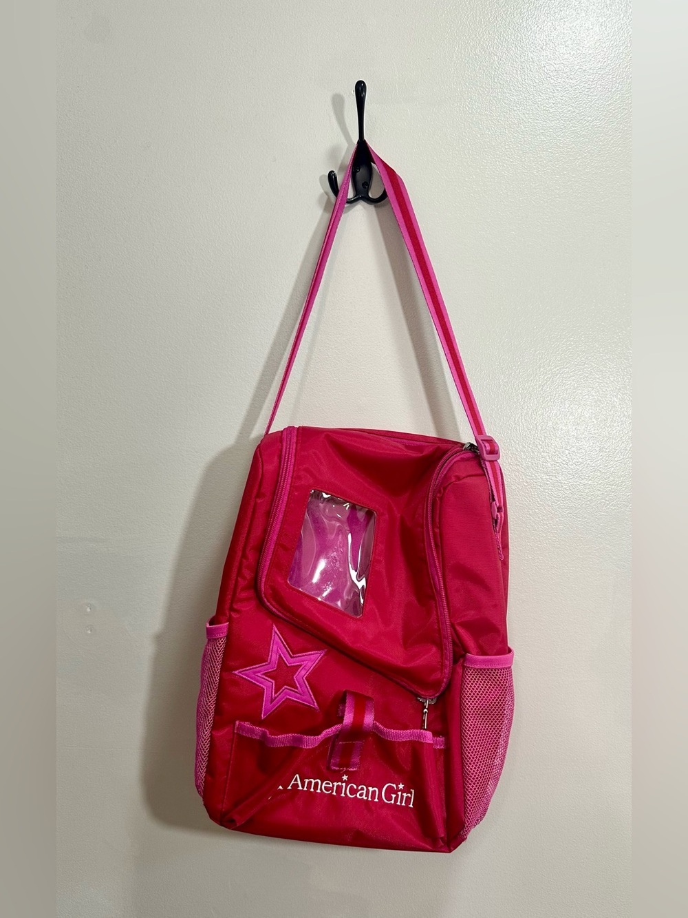 American Girl Pink/Red Doll and Pet Carrier Shoulder Bag with Clear Vinyl Window